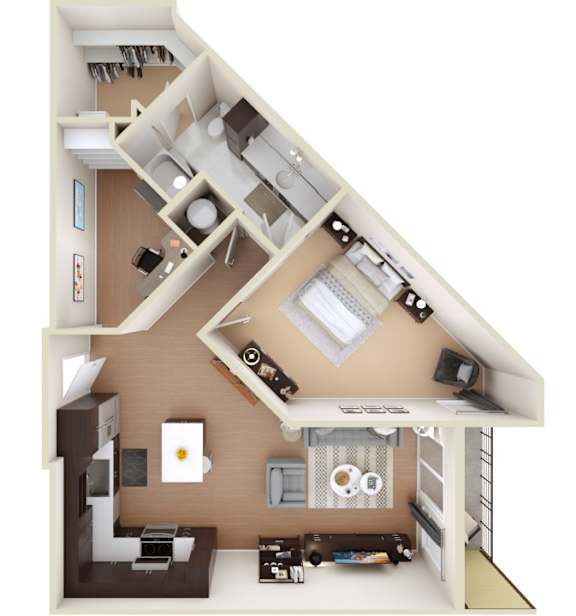 A 3D floor plan of a house showing a kitchen, living room, and two bedrooms.