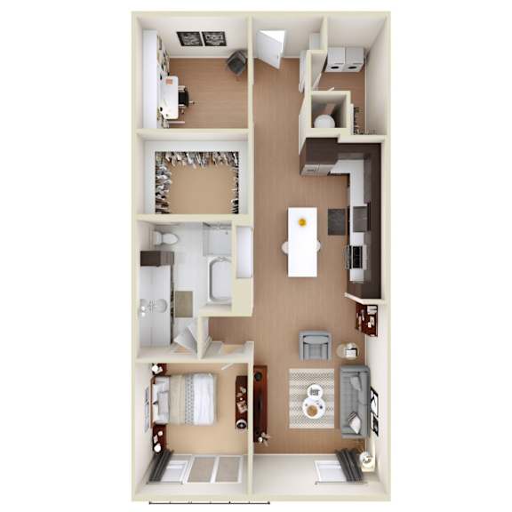 A 3D floor plan of a small apartment with a kitchen, living room, and bathroom.