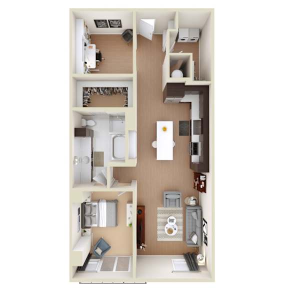 A 3D floor plan of a small apartment with a kitchen, living room, and bathroom.