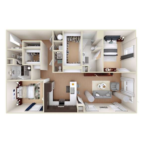 A 3D rendered image of a small apartment layout.