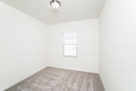 a bedroom with carpet floor, white walls and a window