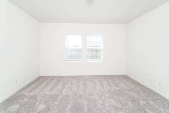 bright bedroom with a carpeted floor and two windows