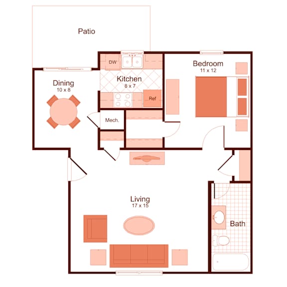 1 bedroom, 1 bathroom floor plan at Magnolia Apartments in Shreveport, Louisiana, LA