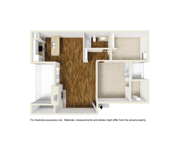 B1 3D floor plan of Montfort Crossing in Dallas, TX