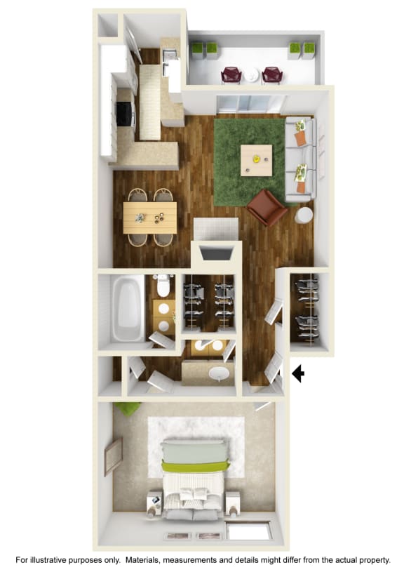 A3 3D Floor Plan with Example Furniture at Noel on the Parkway Apartments in Dallas, Texas, TX