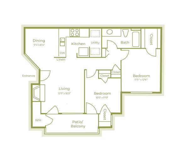 C floor plan, 873sqft, 2bed 1 bath, at On The Green apartments in Austin, TX