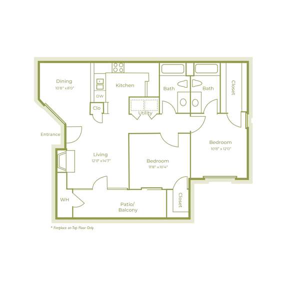 D floor plan, 968sqft, 2 bed 2 bath, at On The Green apartments in Austin, TX