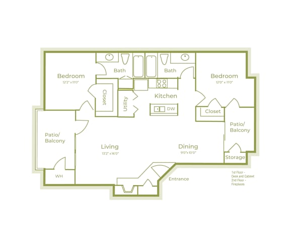 E floor plan, 1082-1092sqft, 2 bed 2 bath, at On The Green apartments in Austin, TX