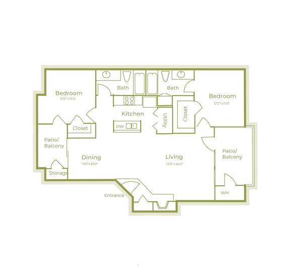 F floor plan 1105-1115sqft, 2 bed 2 bath, at On The Green apartments in Austin, TX