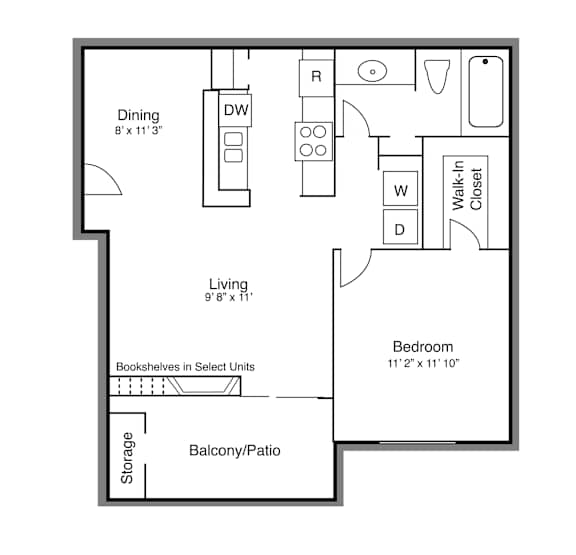 Floor Plan C with one bed and one bath at Wind River Crossing in Austin, TX