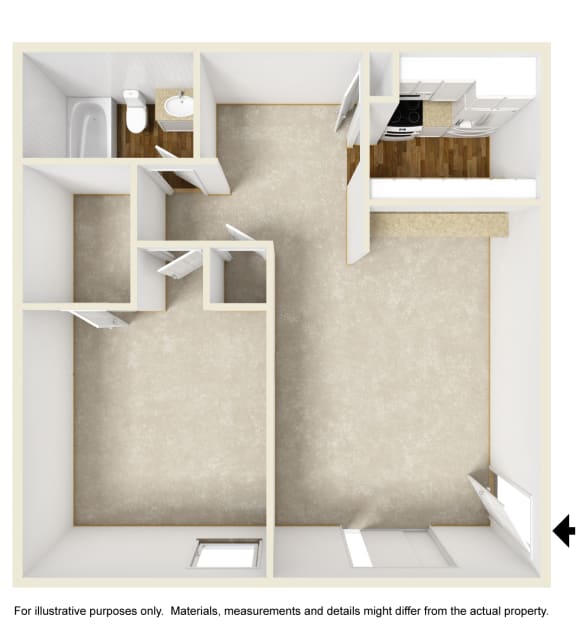 3D Floor Plan of A1 without furniture at The Park on Preston Apartments in Dallas, TX