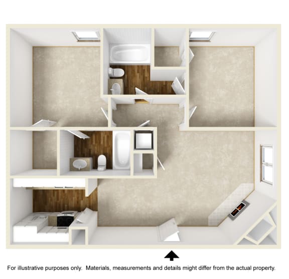 3D Drawing without furniture of B2 Floor PLan at The Park on Preston Apartments in Dallas, TX