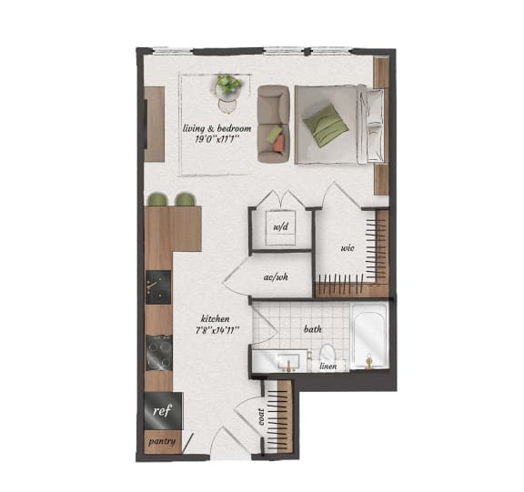 Studio, 1 Bathroom, 525 Square Feet - S1 Floorplan at St. Elmo Apartments in Austin, TX