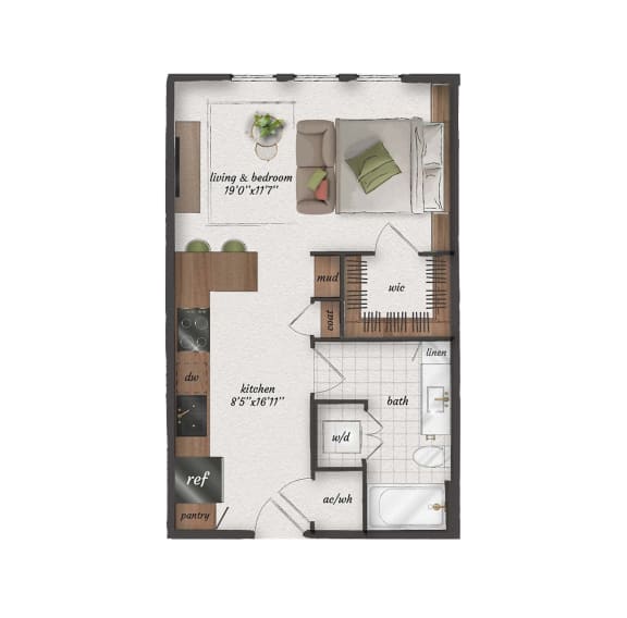 Studio, 1 Bathroom, 570 Square Feet - S2 Floorplan at St. Elmo Apartments in Austin, TX