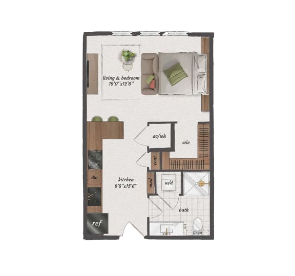 studio, 1 bathroom, 570 square feet S2A floorplan at St. Elmo Apartments in Austin, TX