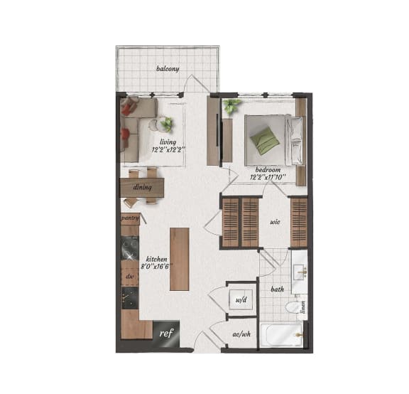 1 Bedroom, 1 Bathroom, 690 Square Feet - A2 Floorplan at St. Elmo Apartments in Austin, TX
