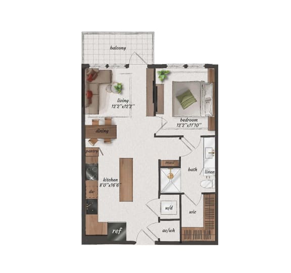 1 bedroom, 1 bathroom, 690 square feet A2A floorplan at St. Elmo Apartments in Austin, TX