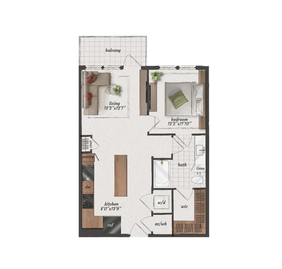 1 bedroom, 1 bath, 690 square foot A2B floorplan at St. Elmo Apartments in Austin, TX