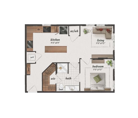 1 bedroom, 1 bathroom, 690 square feet A2C floorplan at St. Elmo Apartments in Austin, TX