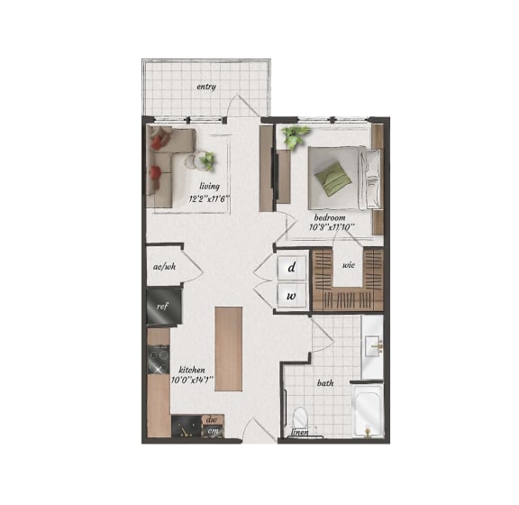 1 Bedroom, 1 Bathroom, 690 Square Feet - A2-LW Floorplan at St. Elmo Apartments in Austin, TX