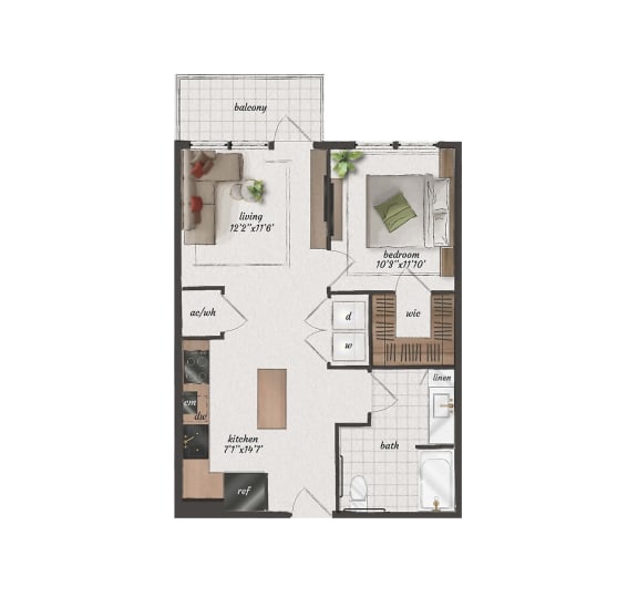 1 Bedroom, 1 Bathroom, 690 Square Feet - A2-ANSI A Floorplan at St. Elmo Apartments in Austin, TX