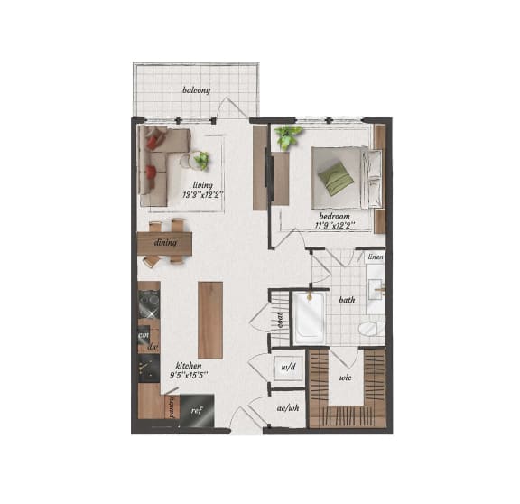 1 Bedroom, 1 Bathroom, 750 Square Feet - A3 Floorplan at St. Elmo Apartments in Austin, TX