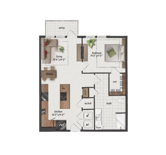 1 bedroom, 1 bathroom, 840 square foot A5A-LW floorplan at St. Elmo Apartments in Austin, TX