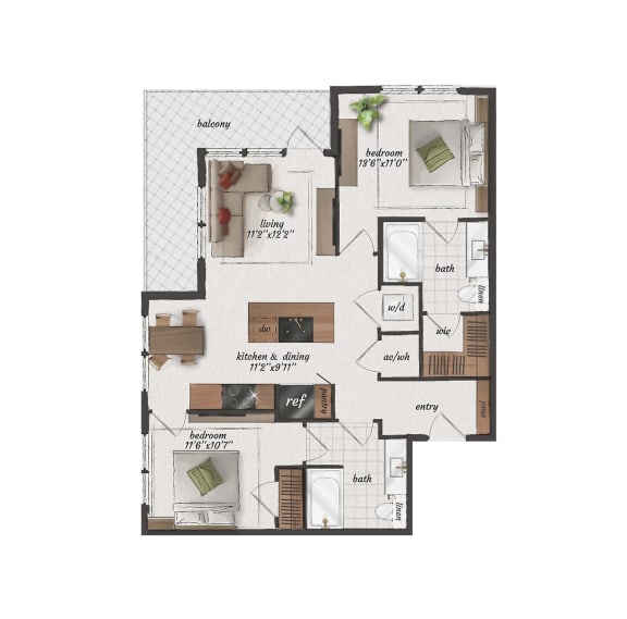 2 Bedroom, 2 Bathroom, 950 Square Feet - B1 Floorplan at St. Elmo Apartments in Austin, TX