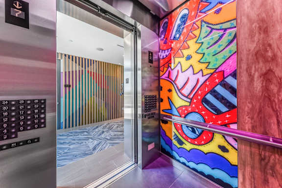 Elevator Murals at The Hamilton at The Epic in Deep Ellum, Dallas, Texas, TX