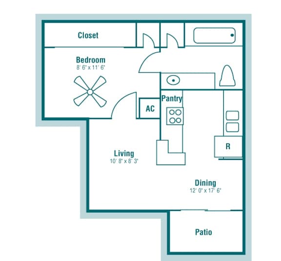 Floor Plan A 474 sq ft 1 bed 1 bath at The Hollows in San Antonio TX
