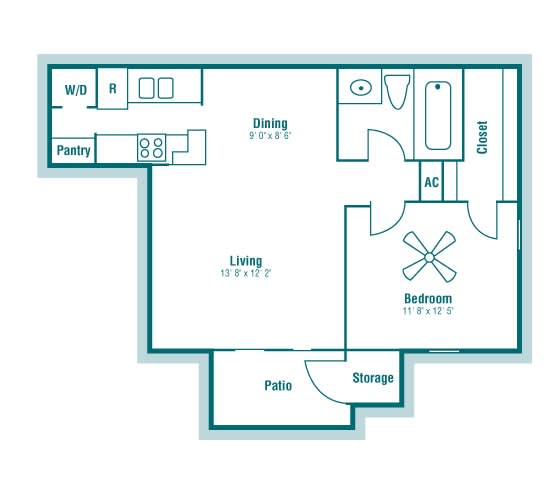 Floop Plan B 617 sq ft 1 bed 1 bath at The Hollows in San Antonio TX