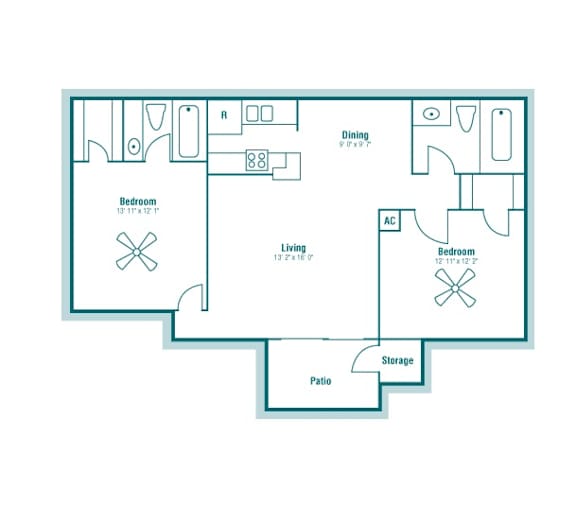 Floor Plan C 943 sq ft 1 bed 1 bath at The Hollows in San Antonio TX