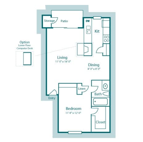 A3 floor plan, 675sqft, 1 bed, 1 bath, at Westdale Creek apartments in Austin, TX