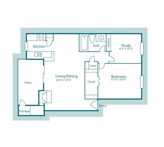 A4 floor plan, 786sqft, 1 bed, 1 bath, at Westdale Creek apartments in Austin, TX
