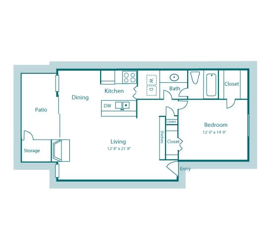 A5 floor plan 818sqft, 1 bed, 1 bath, at Westdale Creek apartments in Austin, TX