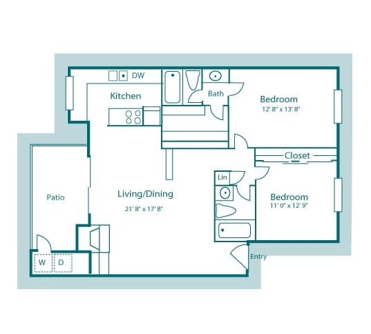 B1 floor plan, 1,088sqft, 2 bed, 2 bath, at Westdale Creek apartments in Austin, TX