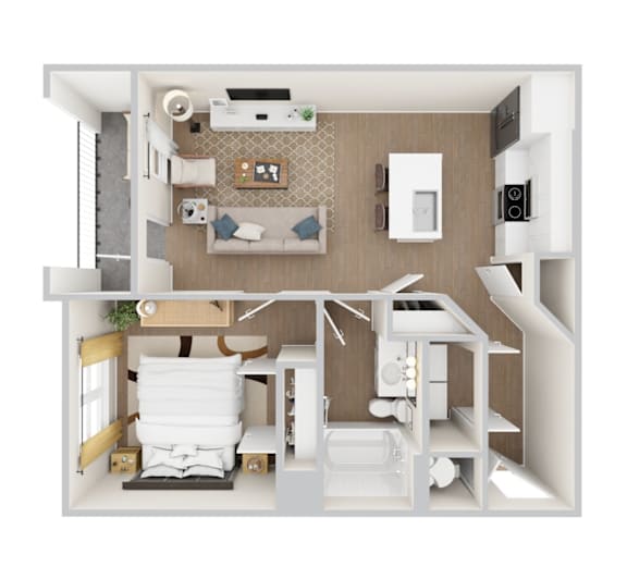 A 3D rendered apartment floor plan for Woodgate Place's A1