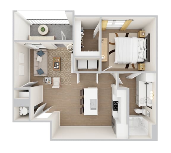 A 3D rendered apartment floor plan for Woodgate Place's A2