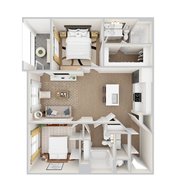 A 3D rendered apartment floor plan for Woodgate Place's B1