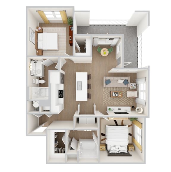 A 3D rendered apartment floor plan for Woodgate Place's B2