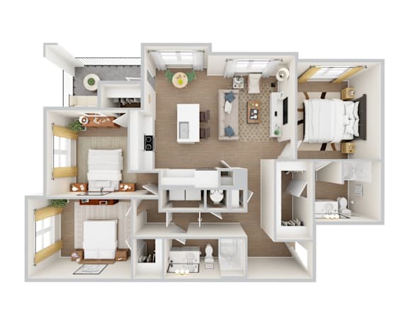 A 3D rendered apartment floor plan for Woodgate Place's C1