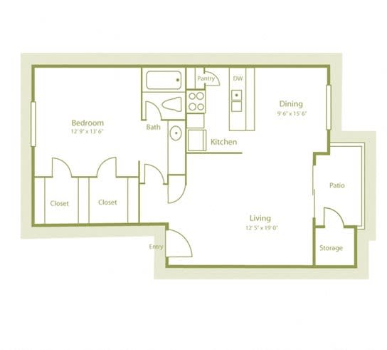 2D photo of A3 floor plan with 1 bed and 1 bath, 725 sqft, at Westdale Parke Apartments in Austin, TX