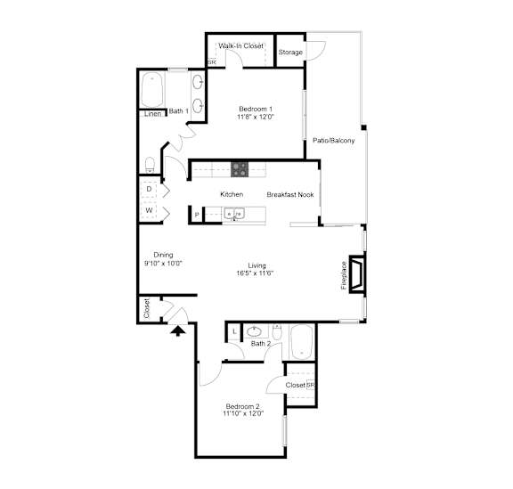 Floor Plan B2 1186 sq ft 2 bed 2 bath at Jefferson Creek in Irving TX