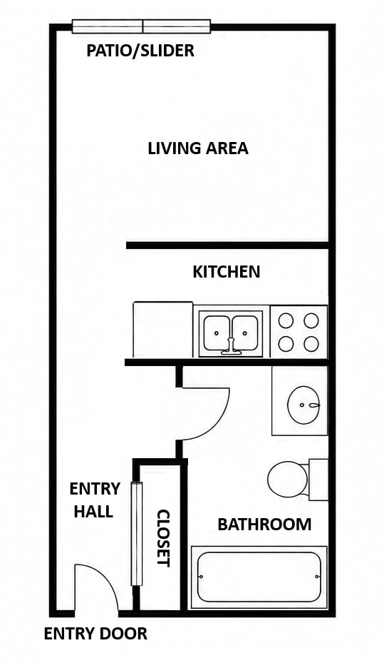 A floor plan of a small apartment with a kitchen, living area, bathroom, entry hall and entry door.