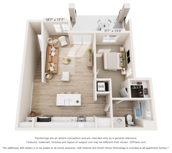 a 1 bedroom floor plan with a bathroom and a living room