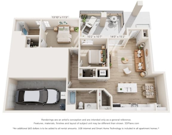 a 3d floor plan of a house with a car