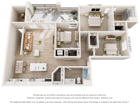 a 3d floor plan of a home with a bedroom and a living room