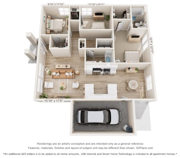 a 3 bedroom floor plan of a 2100 sq ft apartment