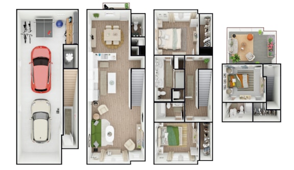 A series of four images showing different layouts of a house with a car.