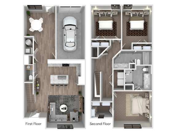 A diagram shows a two-story apartment layout with a car parked in the garage.